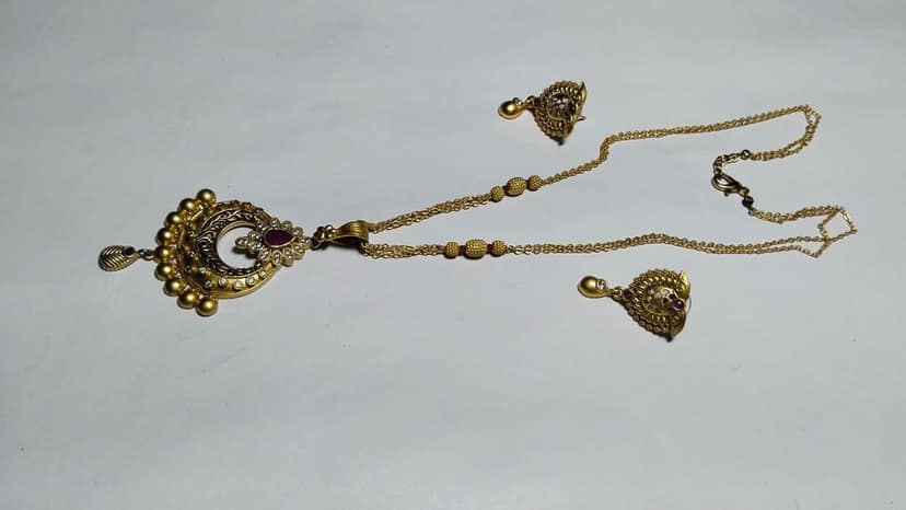 Gold Plated Traditional Chandbali Earrings with Long Necklace Set for Women view 4