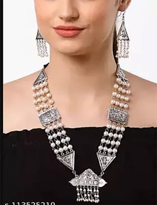 Cardinal Oxidized Silver Color Moti Stone Long Necklace Set