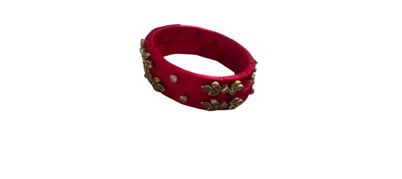 Vibrant Red Thread Wrapped Bangle with Golden Kundan Stone Embellishments