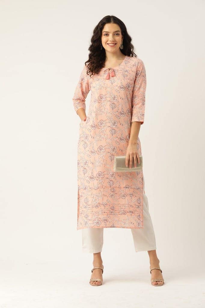 Women Peach Printed Pintuck Kurta