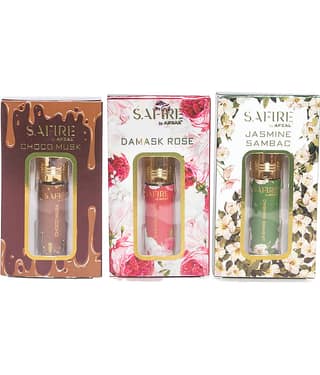 SAFIRE CHOCO MUSK, DAMASK ROSE & JASMINE SAMBAC ATTAR (COMBO PACK 6ML*3) ROLL-ON PERFUME OIL FOR MEN AND WOMEN