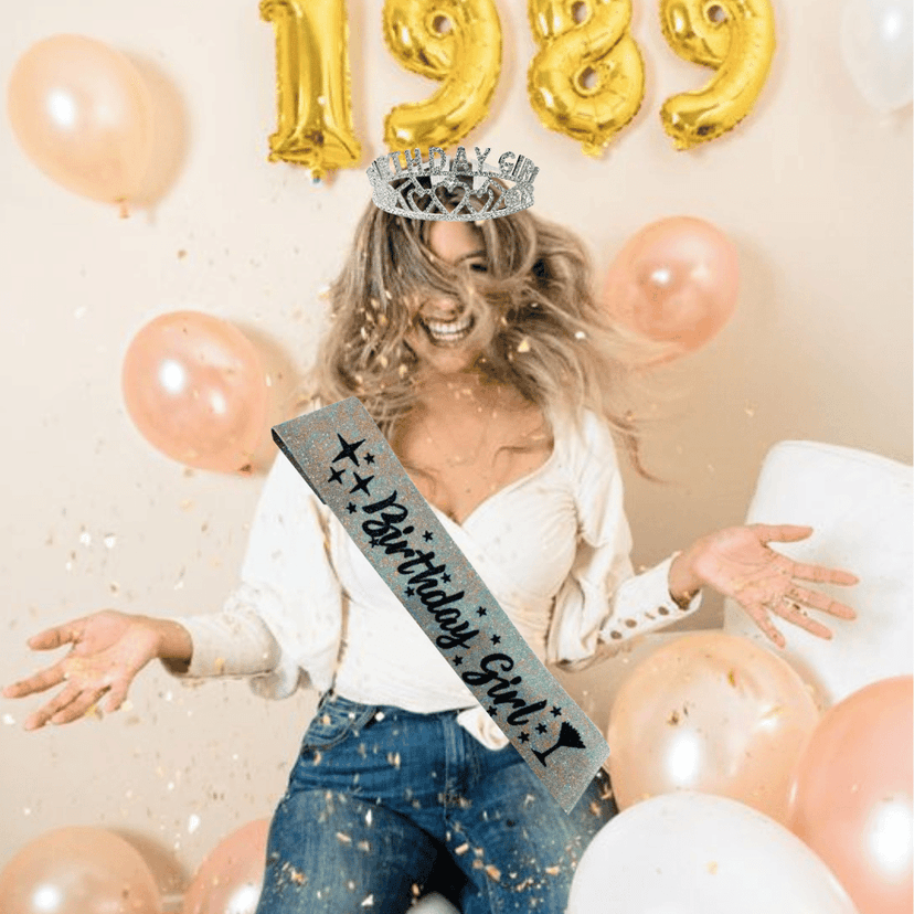 Birthday Girl Sash And Birthday Girl Crown - Pack of 2 Pcs Silver Birthday Sash for Girls | Birthday Crowns for Girls view 3