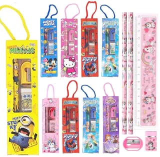 Kids Stationery Set Return Gift Combo 12 Pieces With Pencil Scale Eraser And Sharpener For Boys And Girls Assorted Cartoon Design