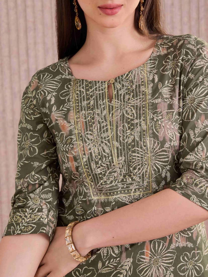 Olive Green Pure Cotton Foil Printed Kurti With Sequins Embroidery view 2