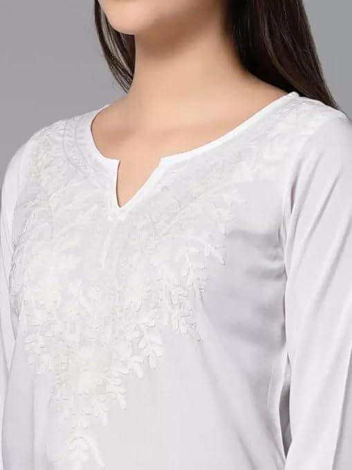 Women’s Chikankari Faux Georgette White Cotton Short Shirt Style Kurta view 5