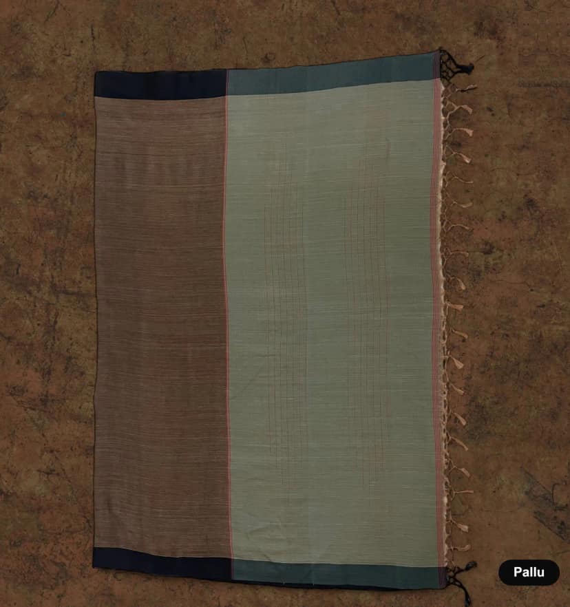 Handwoven Ilkal Cotton Saree in Taupe Brown with Sage Green Pallu view 4