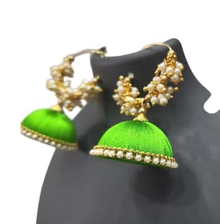 Green Jhumka Earrings with Pearl Beads