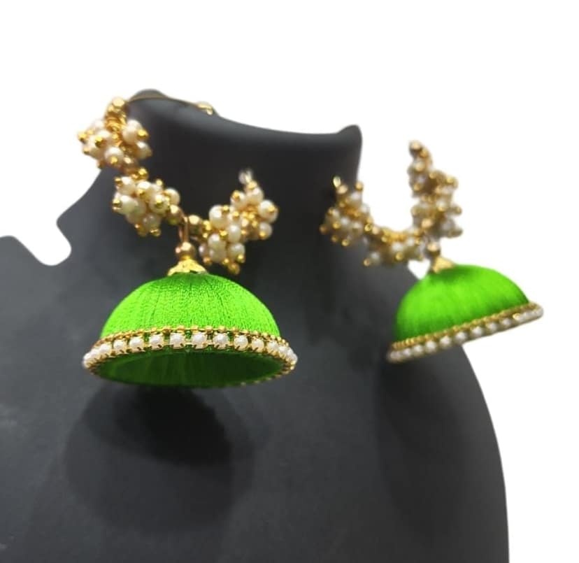 Green Jhumka Earrings with Pearl Beads view 3