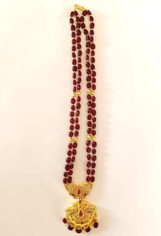 Stunning Traditional Red Beaded Gold Tone Long Necklace with Intricate Temple Design Pendant