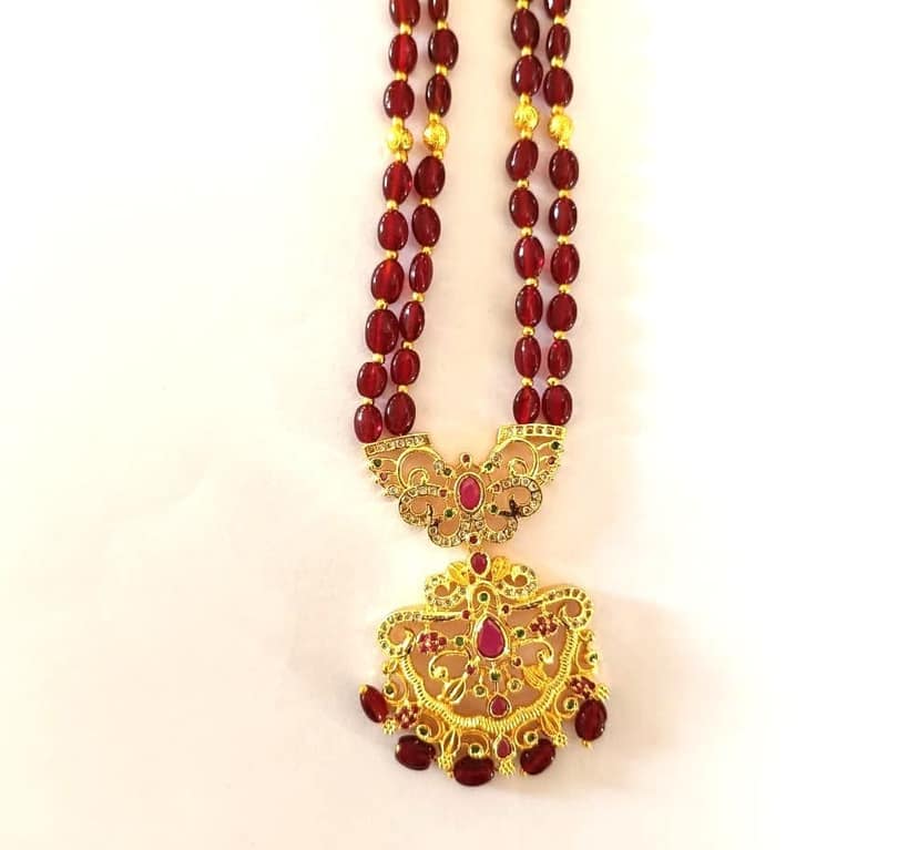 Stunning Traditional Red Beaded Gold Tone Long Necklace with Intricate Temple Design Pendant view 2