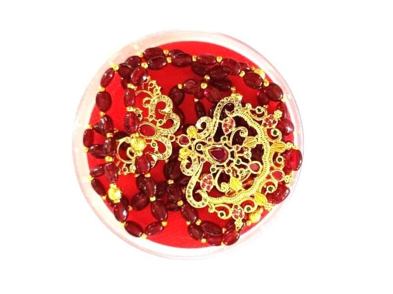 Stunning Traditional Red Beaded Gold Tone Long Necklace with Intricate Temple Design Pendant view 4