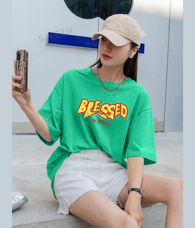 Leotude Women Cotton Blend Printed Oversized Fit Round Neck T-Shirt ( Green )