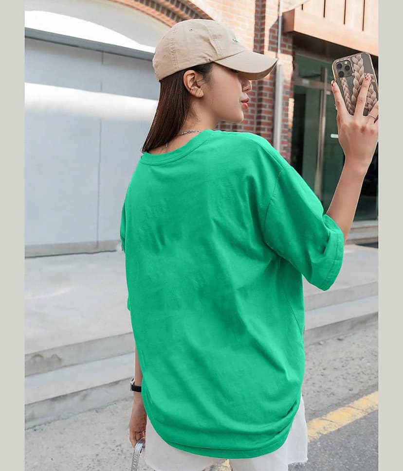 Leotude Women Cotton Blend Printed Oversized Fit Round Neck T-Shirt ( Green ) view 2