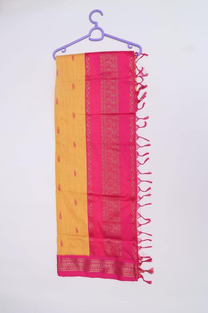 Vibrant Mustard Yellow & Rani Pink Art Silk Saree with Golden Zari Weave