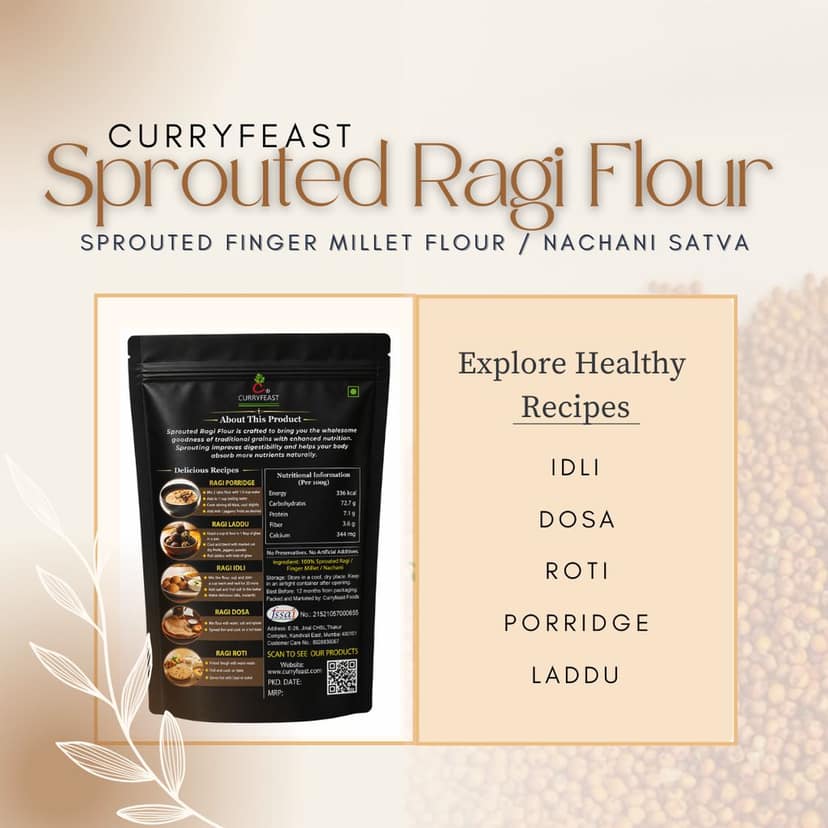 Curryfeast Sprouted Ragi Flour (Nachni Satva) / Gluten free/ Sugar free / 100% Natural/No Preservatives / 500gms view 5