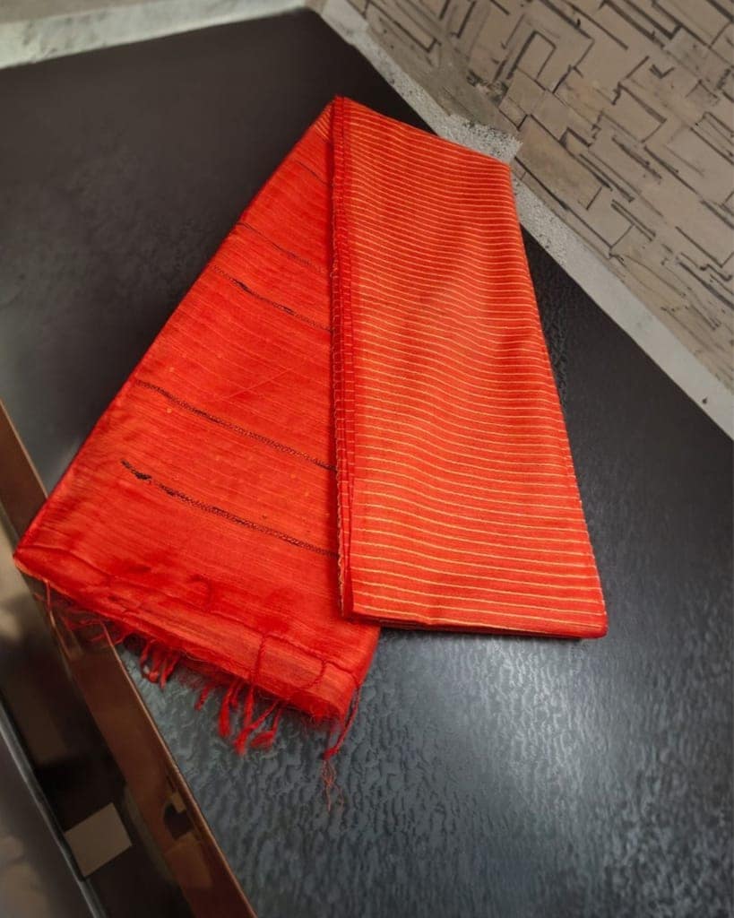 Katan Silk Red Saree Striped Design with Running Blouse Handcrafted-5049 view 2