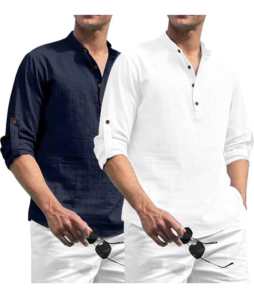 Vida Loca Light Blue Cotton Blend Men's Shirt Style Kurta ( Pack of 2 )