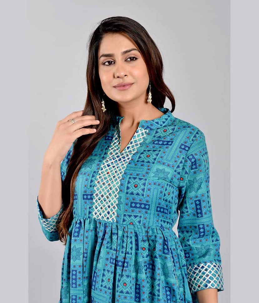 ZAMAISHA - Teal Rayon Women's Straight Kurti ( Pack of 1 ) view 2