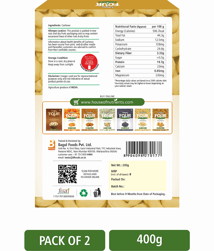 Everyday Four Goan Cashew Nuts 400g | Combo Pack 200*2 | Unsalted | view 2
