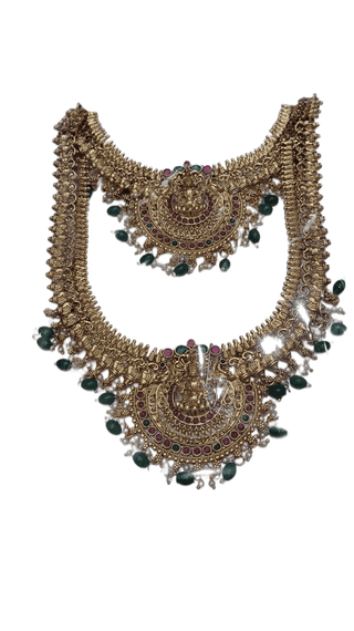 Gold-plated antique finish traditional haram and jhumka earrings jewelry set