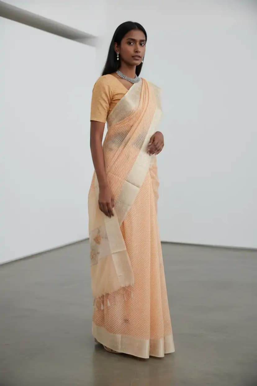 Peach Kota Doria Saree with Zari Border and Floral Pallu