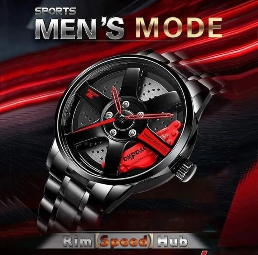 Automotive Theme Luxury Stainless Steel Analog Wristwatch for Car Enthusiasts car wheel rim disine