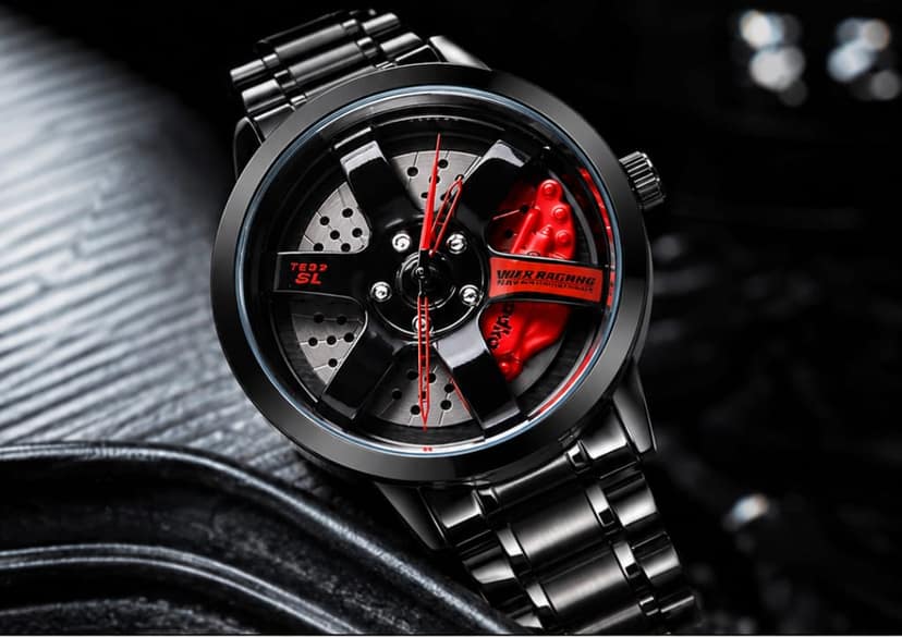Automotive Theme Luxury Stainless Steel Analog Wristwatch for Car Enthusiasts car wheel rim disine view 2