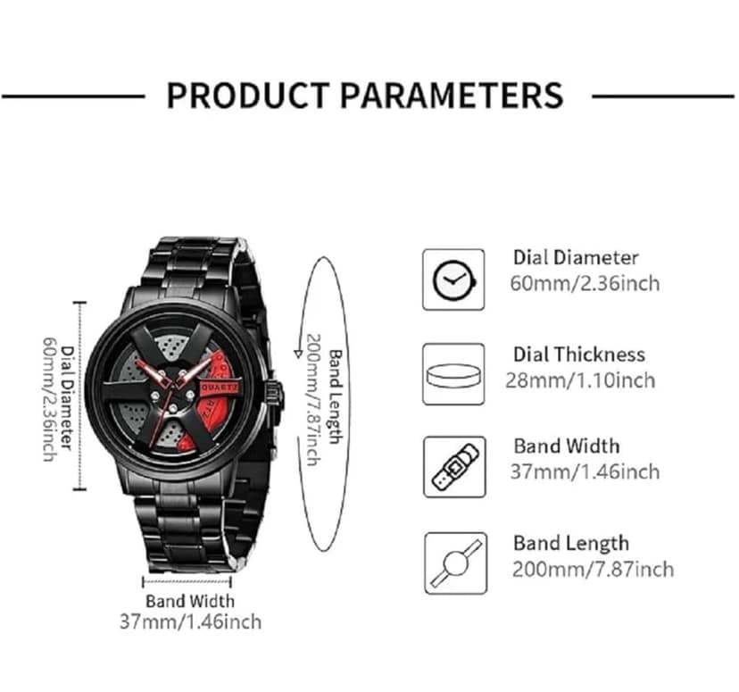 Automotive Theme Luxury Stainless Steel Analog Wristwatch for Car Enthusiasts car wheel rim disine view 3