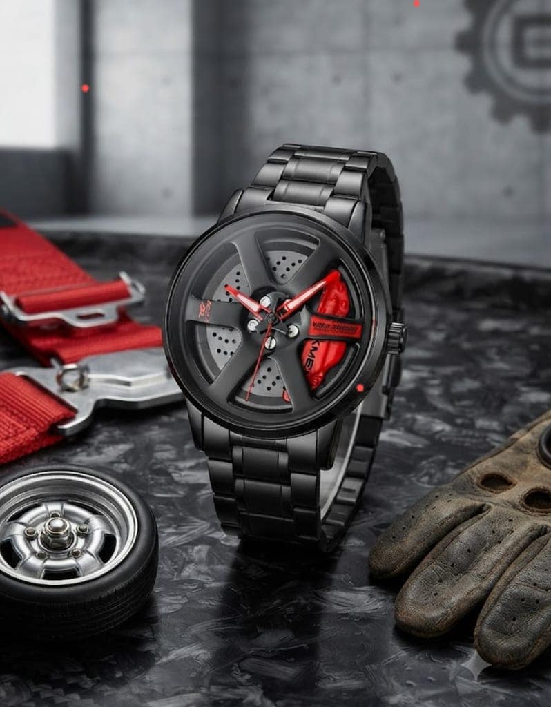 Automotive Theme Luxury Stainless Steel Analog Wristwatch for Car Enthusiasts car wheel rim disine view 4