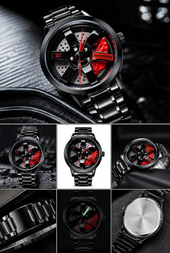 Automotive Theme Luxury Stainless Steel Analog Wristwatch for Car Enthusiasts car wheel rim disine view 5