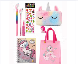 Unicorn Fur Diary for Girls with Furry Pencil Box, Unicorn Pen, Bullet Pencil & Eraser – Pack of 9