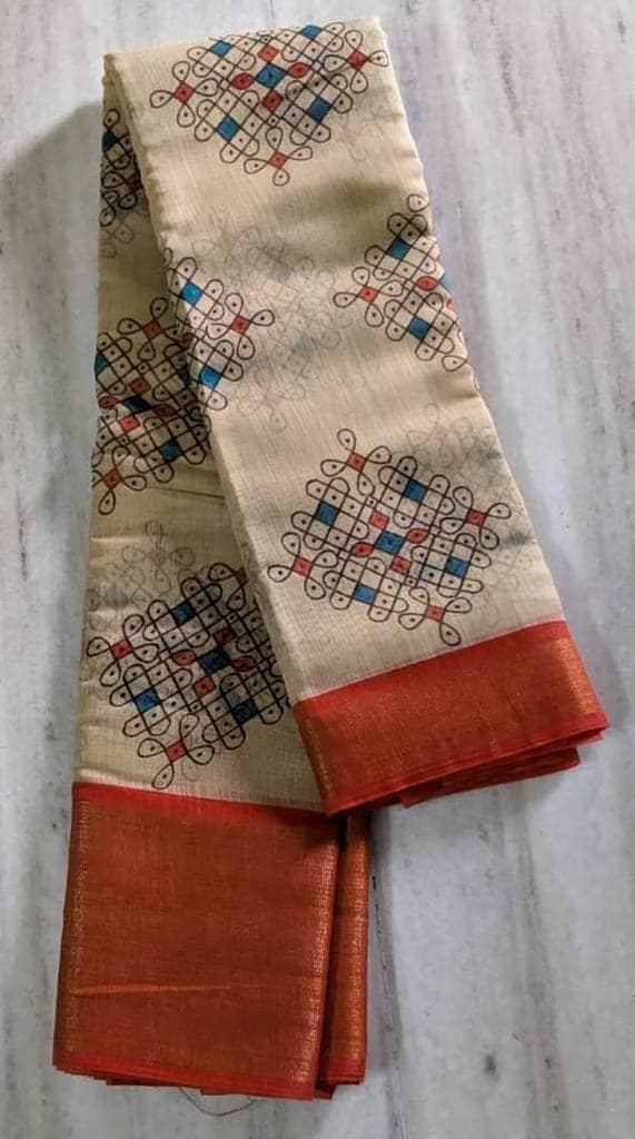Beige Handloom Pure Cotton Saree With Allover Geometric Prints And Orange Border