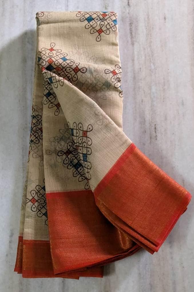 Beige Handloom Pure Cotton Saree With Allover Geometric Prints And Orange Border view 2