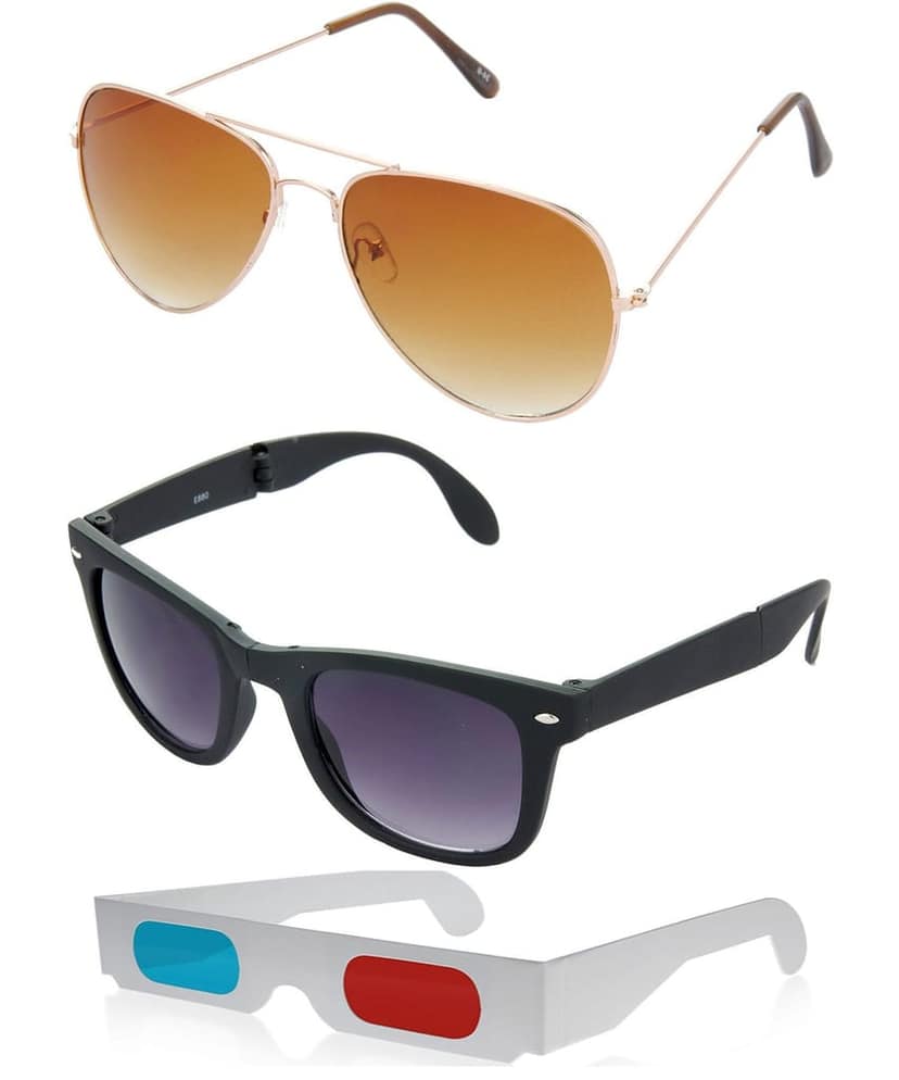 HRINKAR Pilot And Rectangular Stylish Sunglasses For Men And Women (Brown And Grey Lens | Gold And Black Frame - HCMB008) With Free Paper 3D Glass