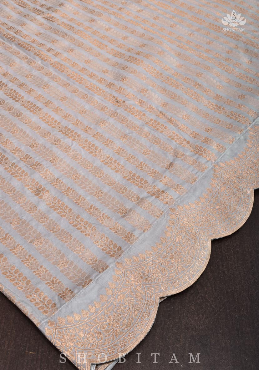 Scalloped Border on Gray Katan Banarasi Silk Saree with Zari Stripes | SILK MARK CERTIFIED view 5