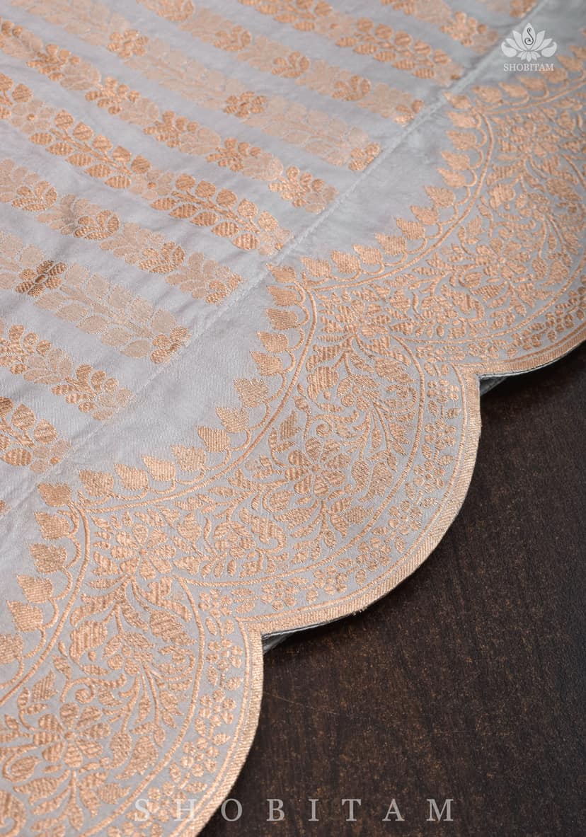 Scalloped Border on Gray Katan Banarasi Silk Saree with Zari Stripes | SILK MARK CERTIFIED view 6