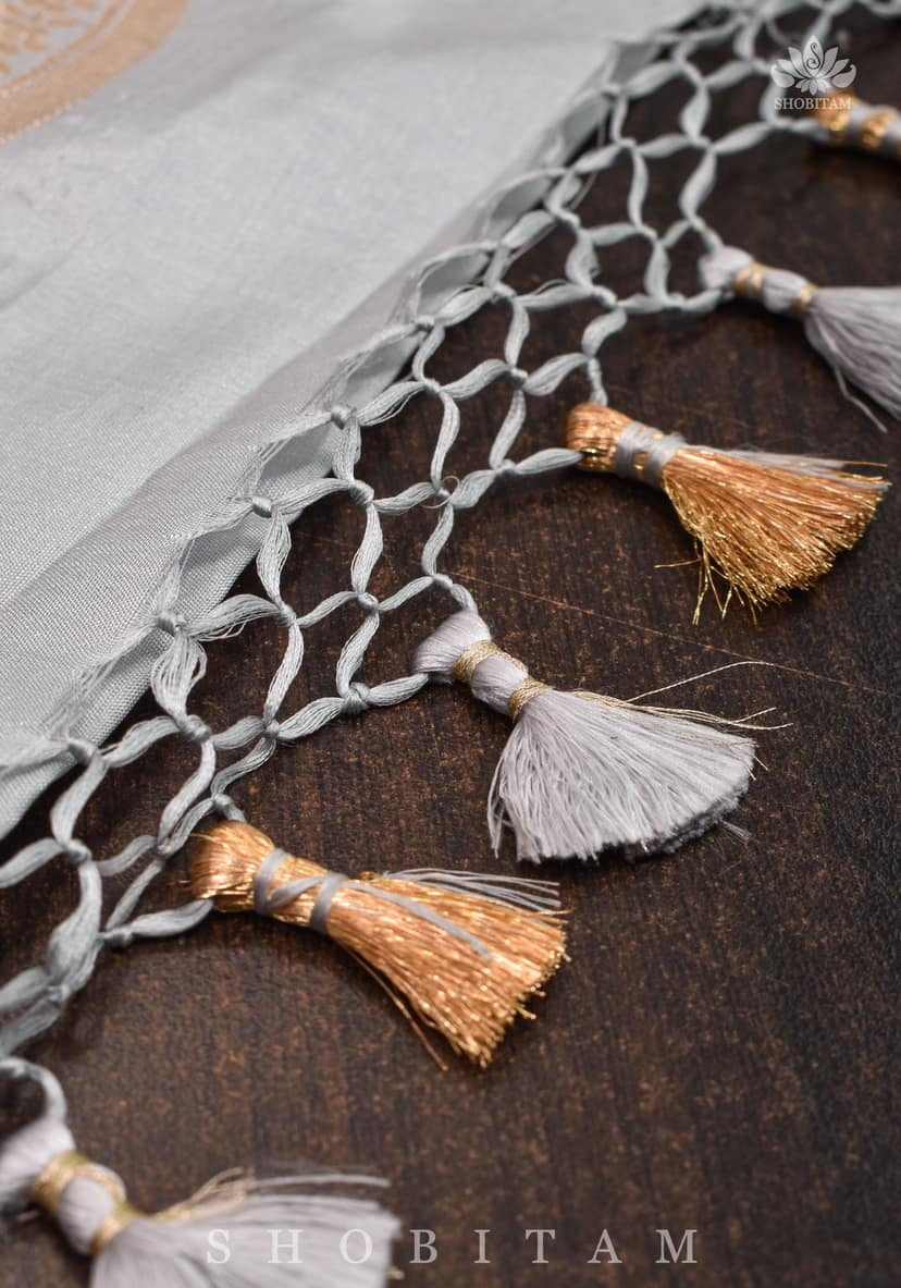 Scalloped Border on Gray Katan Banarasi Silk Saree with Zari Stripes | SILK MARK CERTIFIED view 7