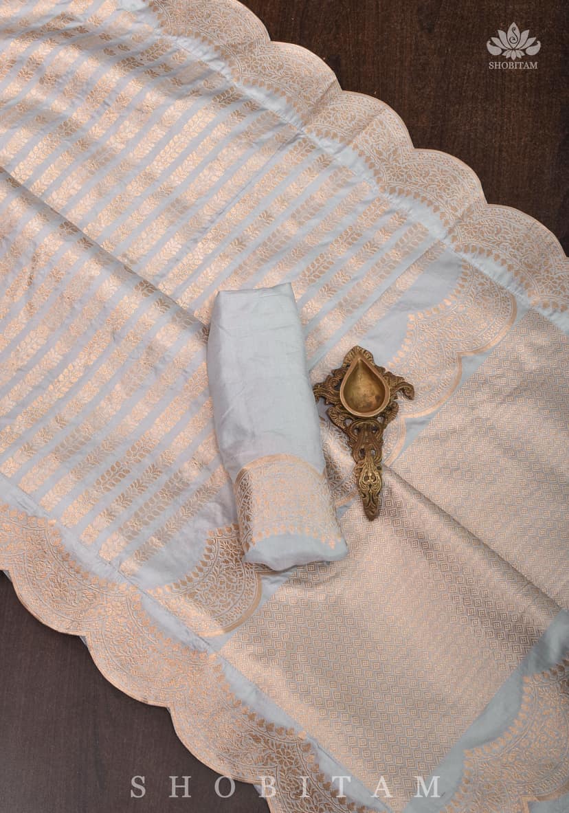 Scalloped Border on Gray Katan Banarasi Silk Saree with Zari Stripes | SILK MARK CERTIFIED view 9