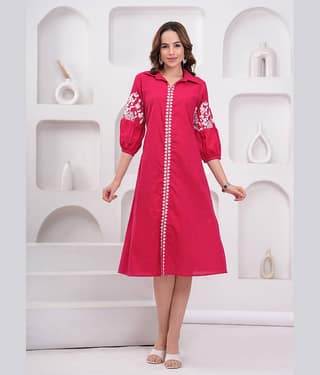 HIGHLIGHT FASHION EXPORT Women Cotton Embroidered A-line Dress ( Sea Green )