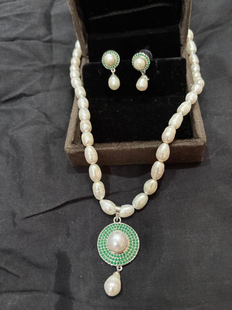 White Pearl Necklace Set With Green Pendant
