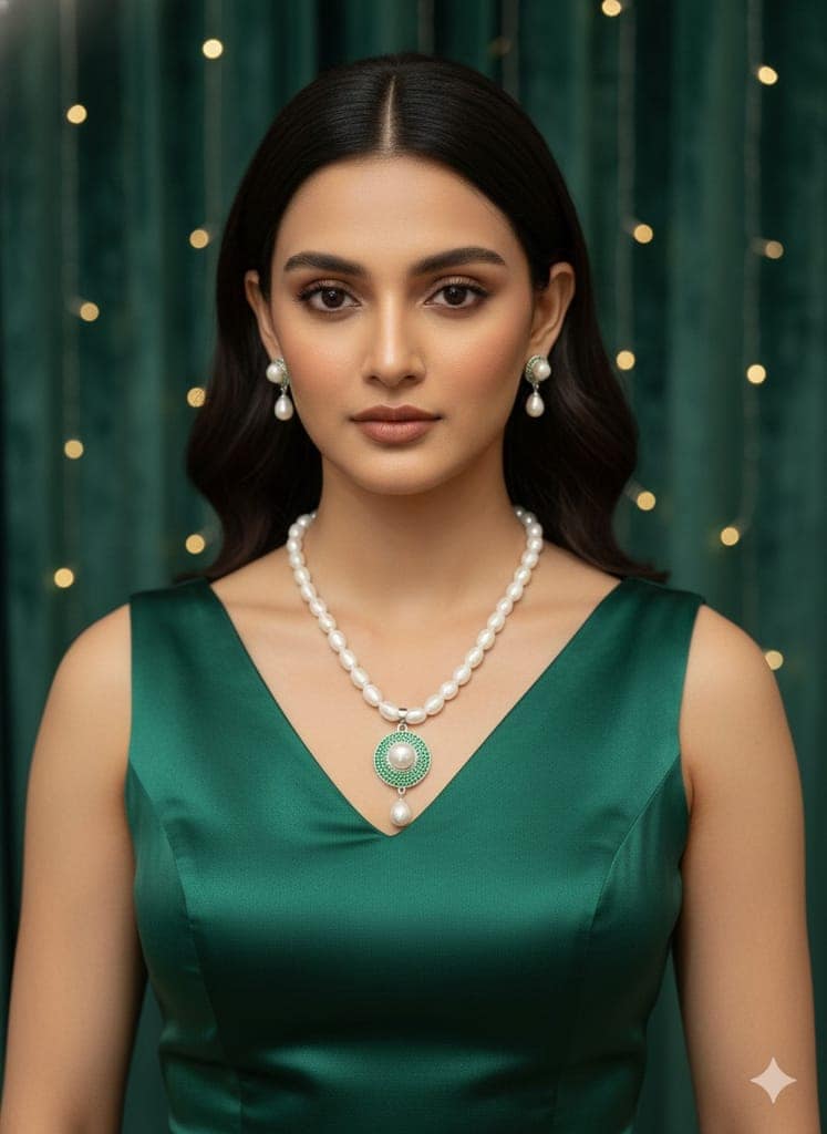 White Pearl Necklace Set With Green Pendant view 2