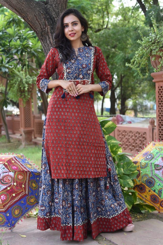 Bagru Handblock Print Cotton Kurta-Skirt Set – Red