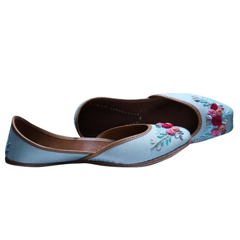 RSK ETHNIC WEAR, Sky Blue Color Embroidered Handmade Jutti for Women with Soft Leather and Double Cushion view 3