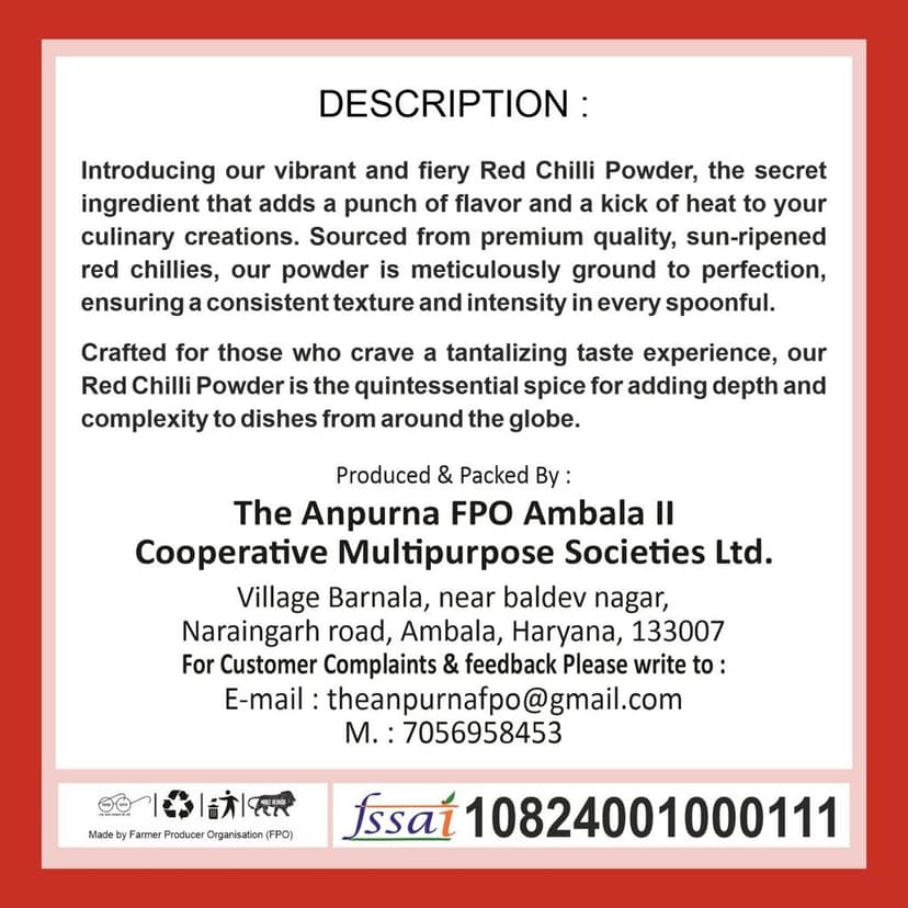 100g pouch Pack of 5 Red Chilli Powder produced by The Anpurna FPO Ambala view 3