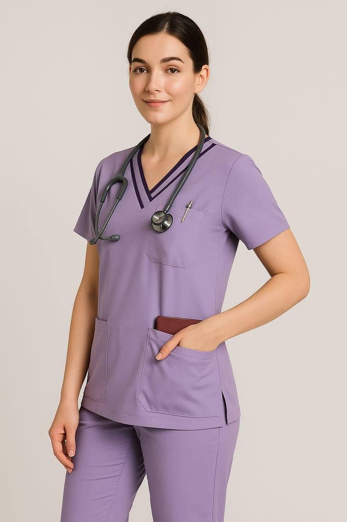 Premium Scrub Set | Unisex Scrub Set | Half Sleeves | Lavender with double-layered contrast Trim | Ideal For Health Care Professional | Color (Lavender) view 2