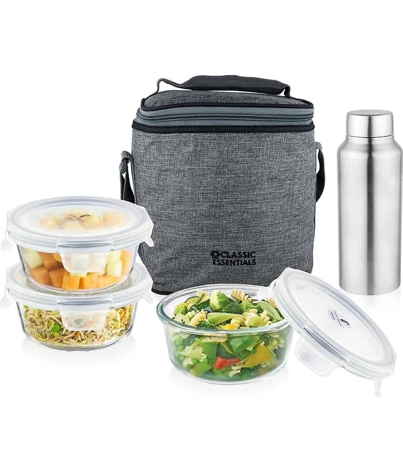 Classic Essentials Glass Lunchbox set with Bottle Glass Lunch Box 3 - Container ( Pack of 5 )