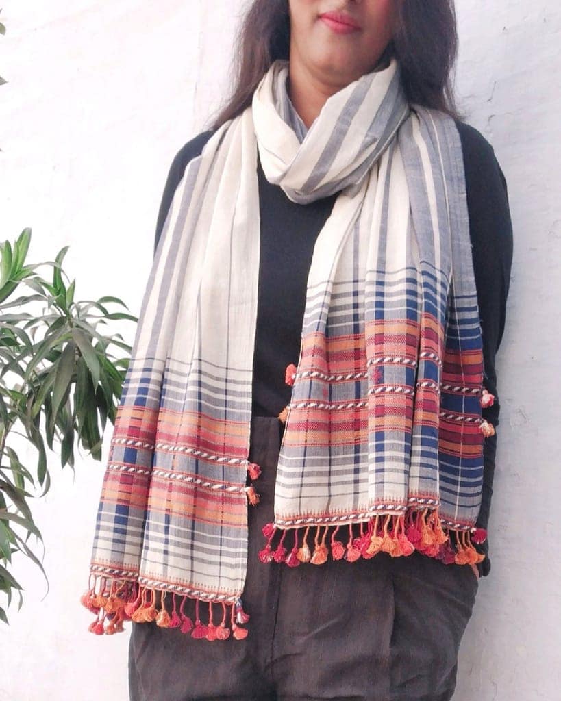 White Grey Stripped Handloom Cotton Stole view 3