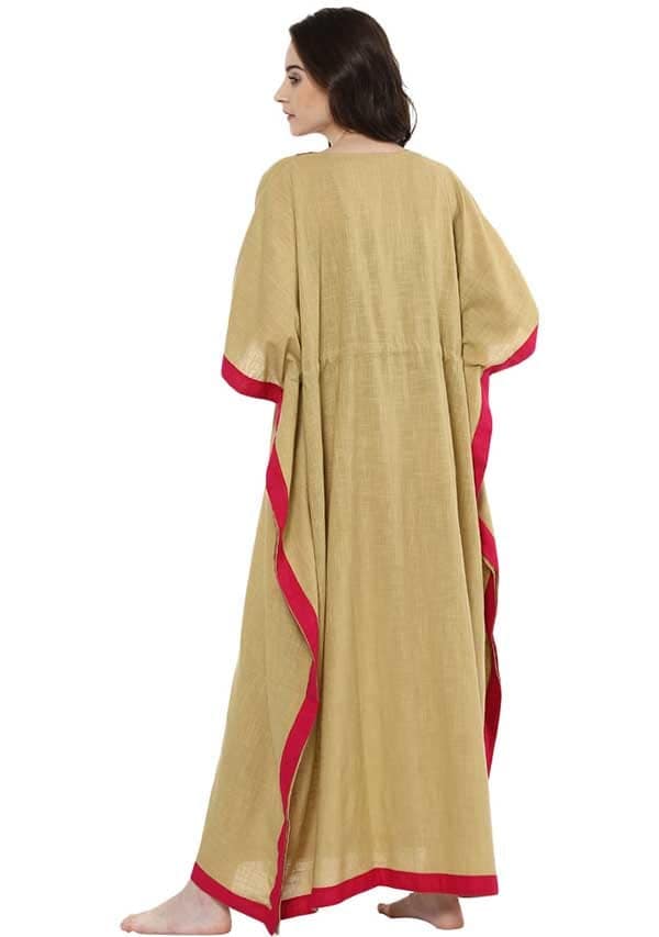 Beige Fuchsia V-Neck Cotton Kaftan view 3