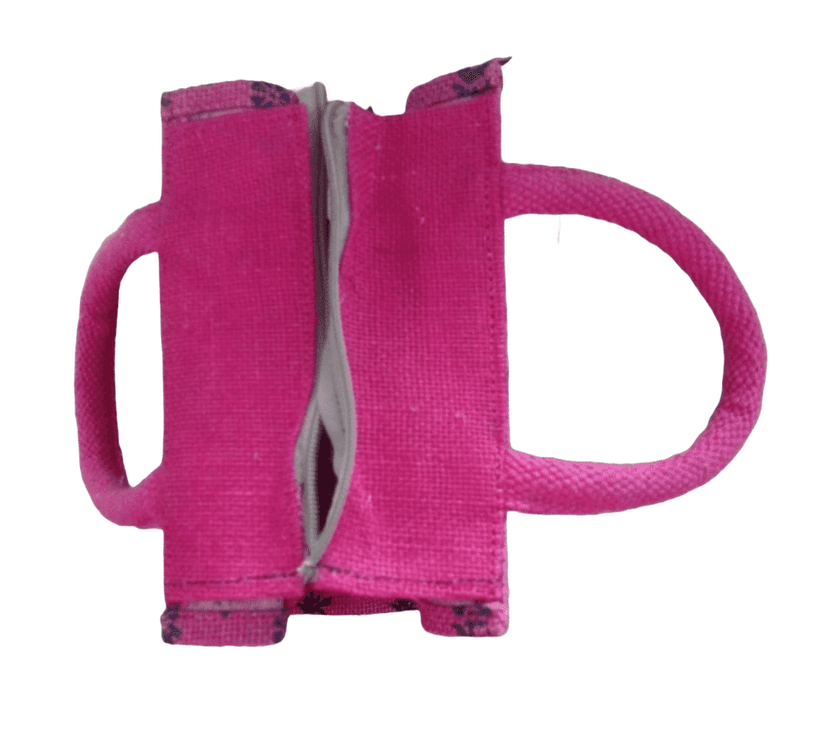 Small Pink Jute Tote Bag with Floral Print view 4