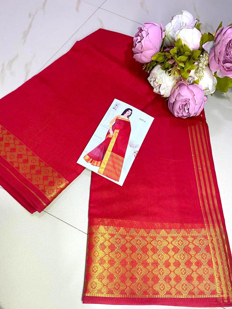 Cotton Saree Gold Border Red Color view 2